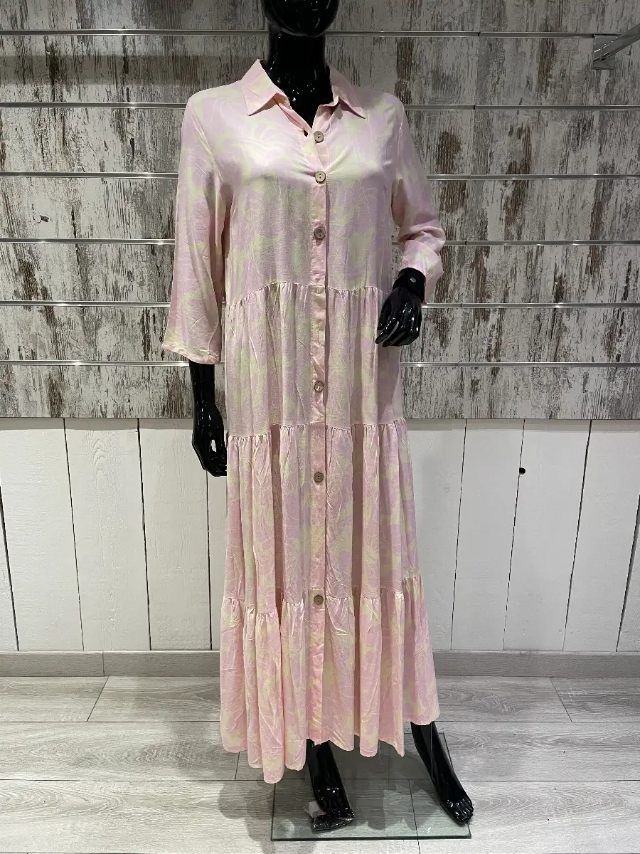 Robe Longue Boutonnée à Volants et Imprimé