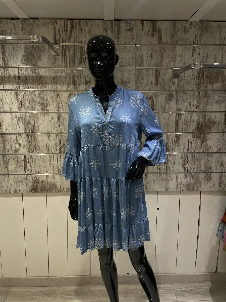 Robe Courte en Jean Délavé à Volants et Manches Évasées
