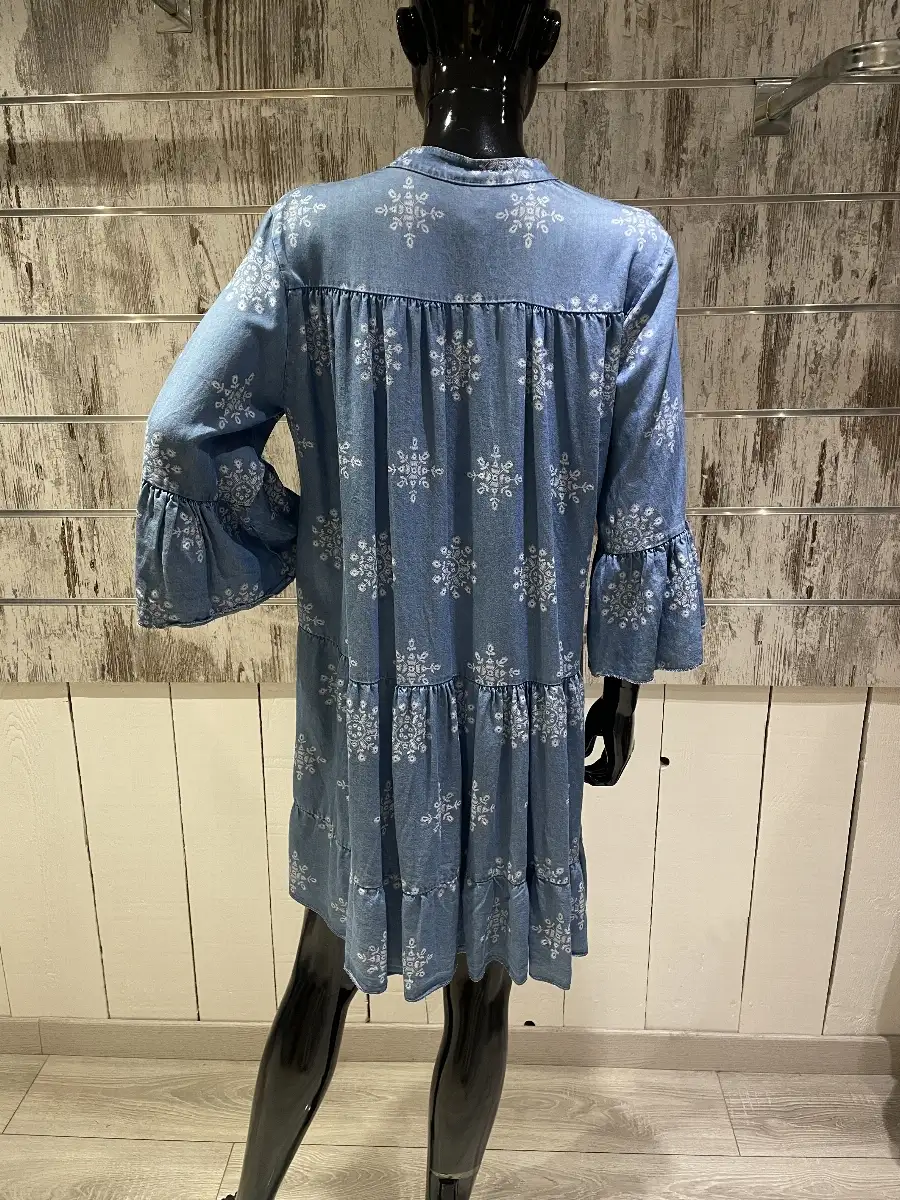 Robe Courte en Jean Délavé à Volants et Manches Évasées