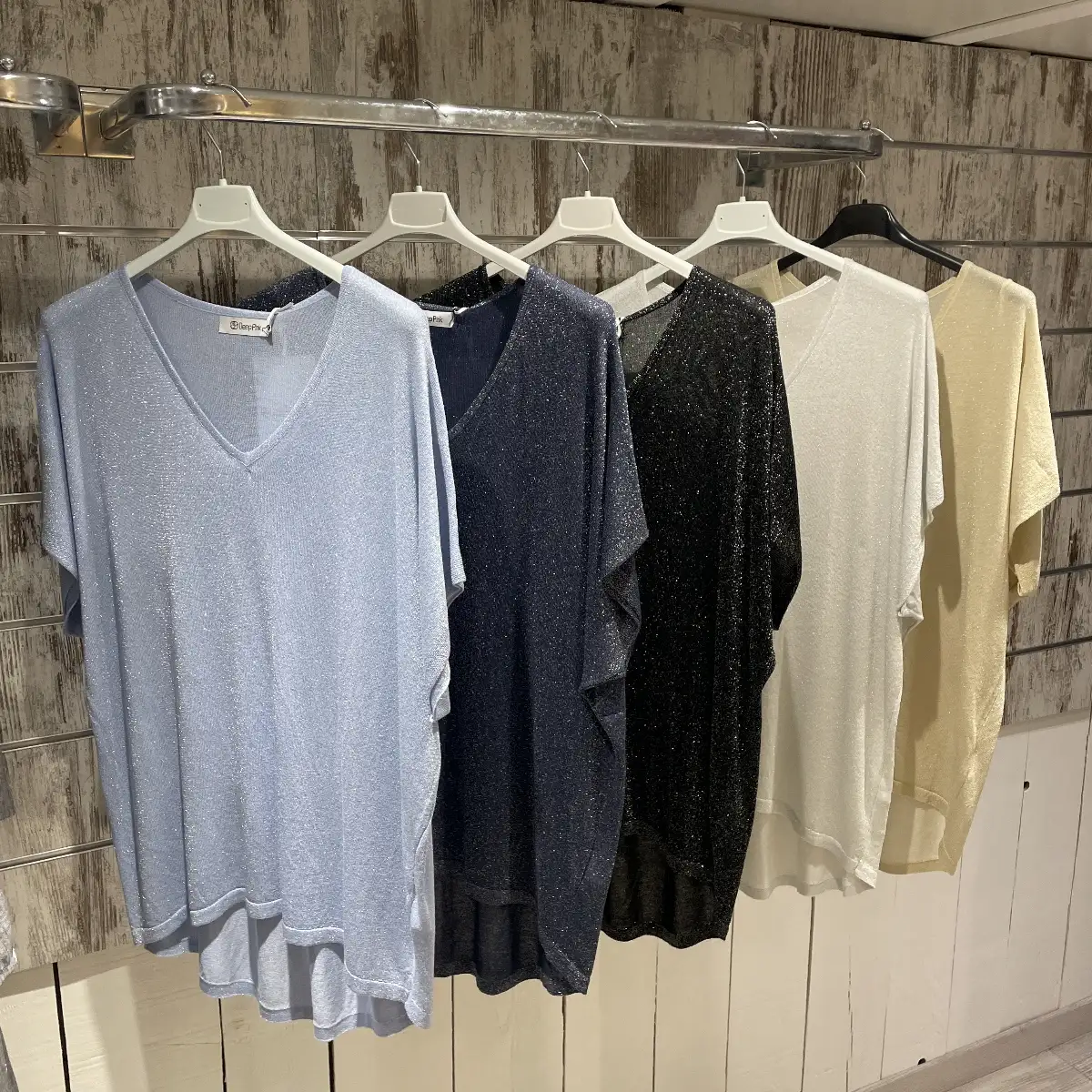 Top en Maille Fine Brillante Col V Manches Courtes Amples