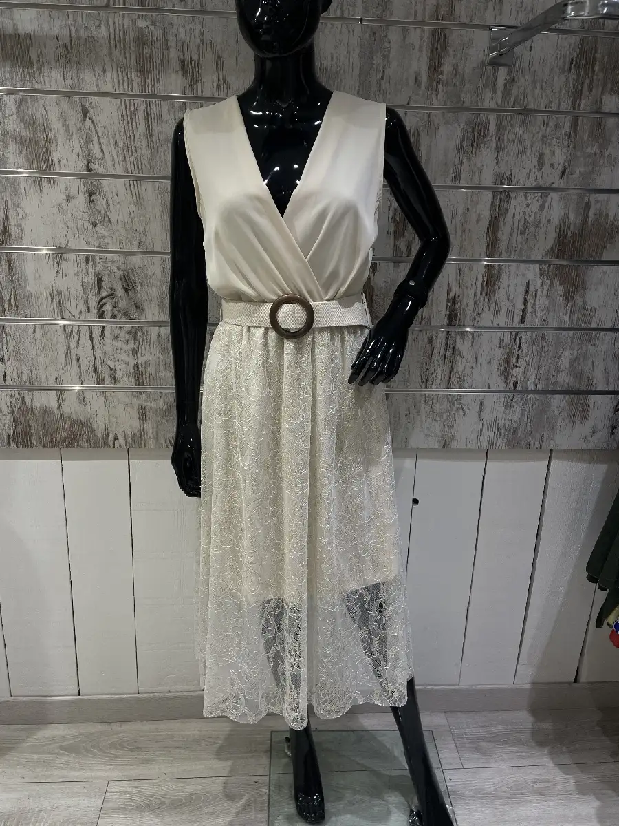 Robe Midi Effet Cache-Cœur avec Empiècement Dentelle et Ceinture