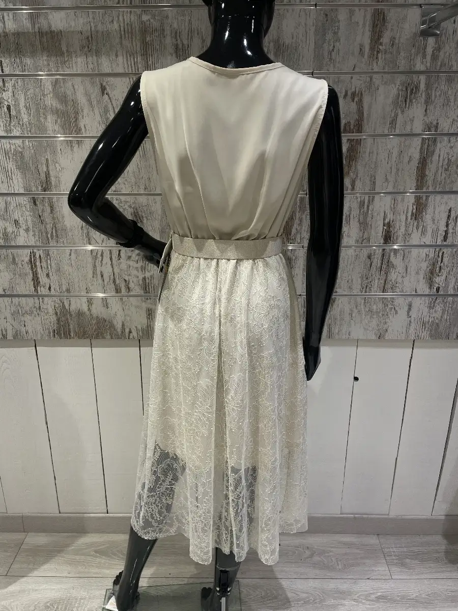Robe Midi Effet Cache-Cœur avec Empiècement Dentelle et Ceinture