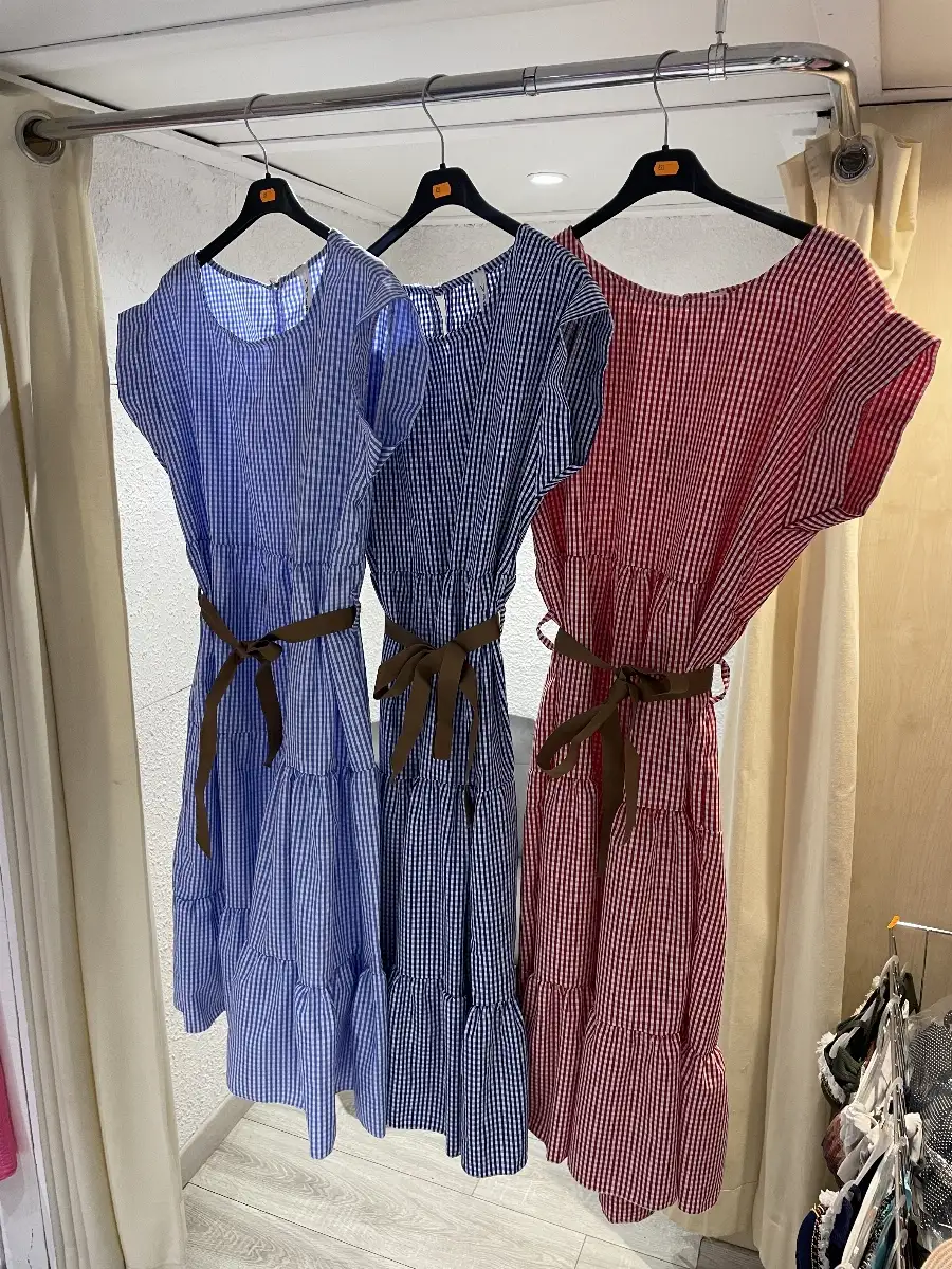 Robe Mi-Longue Été à Volants Rayures/Carreaux