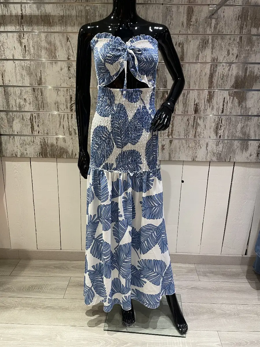 Robe Longue Bandeau à Imprimé Feuilles Tropicales