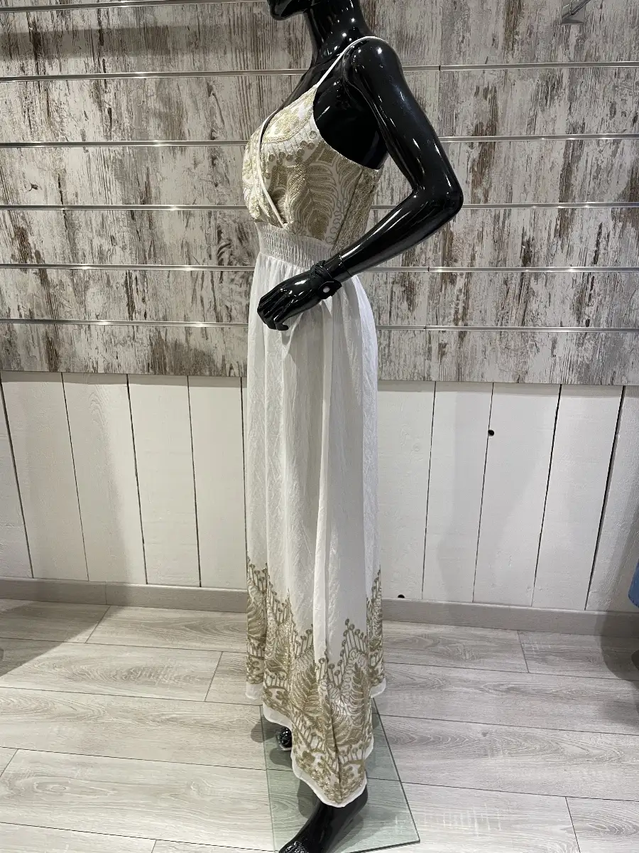 Robe Longue Fluide Bohème Brodée Or – Bretelles Fines