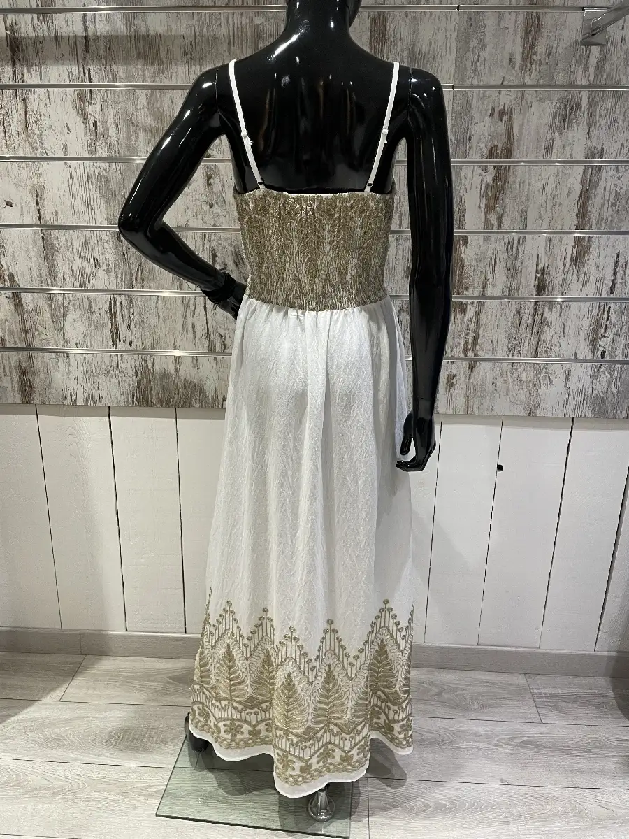 Robe Longue Fluide Bohème Brodée Or – Bretelles Fines