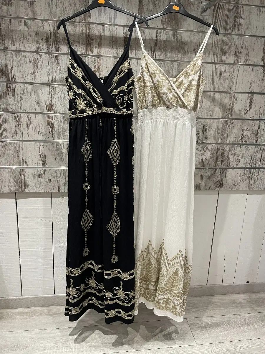 Robe Longue Fluide Bohème Brodée Or – Bretelles Fines